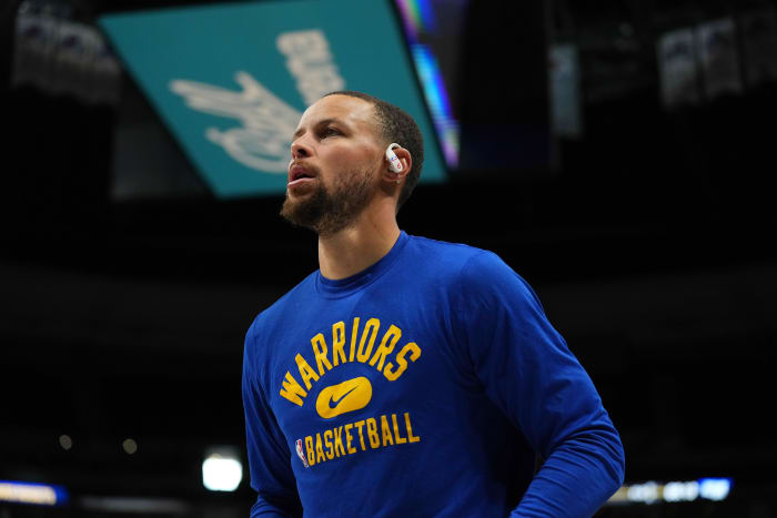 Apr 24, 2022; Denver, Colorado, USA; Golden State Warriors guard Stephen Curry (30) before the game against the Denver Nuggets prior to game four of the first round for the 2022 NBA playoffs at Ball Arena. Mandatory Credit: Ron Chenoy-USA TODAY Sport